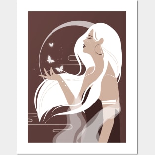 Celestial art, Moon art, Celestial butterfly print, Halloween, Witch art, Woman with long white hair, Aesthetic art Posters and Art